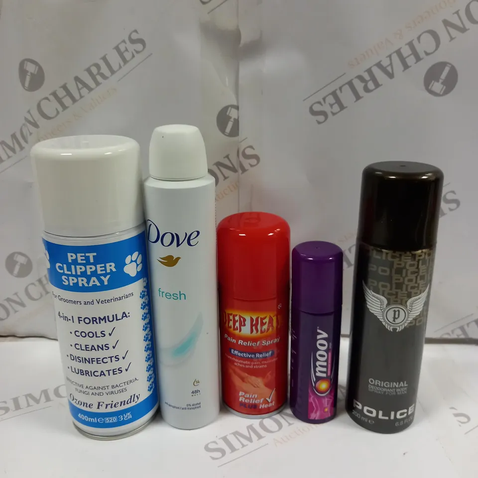 BOX OF APPROXIMATELY 20 ASSORTED AEROSOLS TO INCLUDE PET CLIPPER SPRAY, DOVE FRESH, DEEP HEAT - COLLECTION ONLY