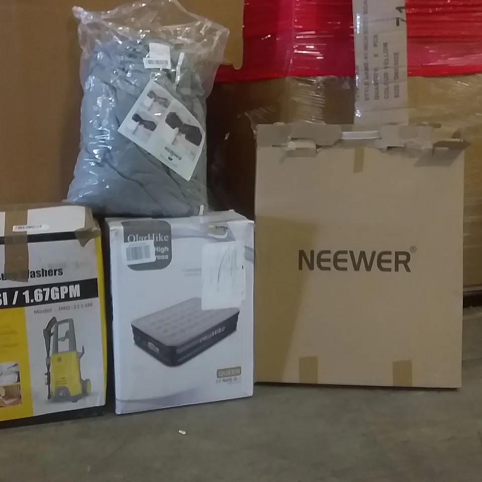 PALLET OF ASSORTED BOXED ITEMS SUCH AS NEEWER SHOOTING LIGHT , 41INCH BODY BOARD , AIR MATTRESS,  SOFA COVERS , PRESSURE WASHER 