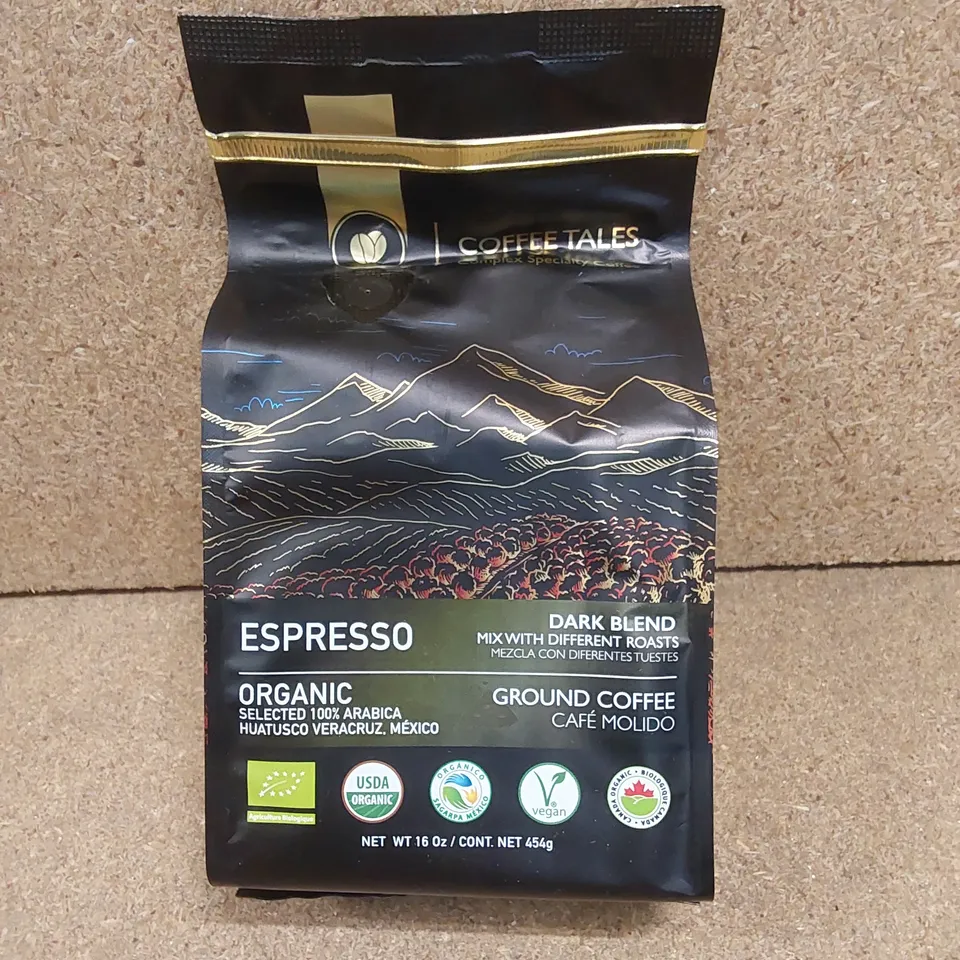 BOX OF APPROX 16 X BAGS OF COFFEE TALES DARK BLEND ESPRESSO GROUND COFFEE - 454g PER BAG // EXP: 27/04/25