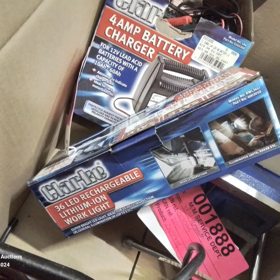 BOX OF MIXED TOOLS TO INCLUDE: ROTARY TOOL SET, 4AMP BATTERY CHARGER, LED RECHARGEABLE WORK LIGHT ETC.