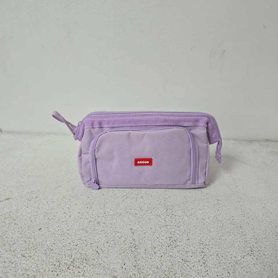 Purple pencil case with multiple zip compartments and pens etc inside