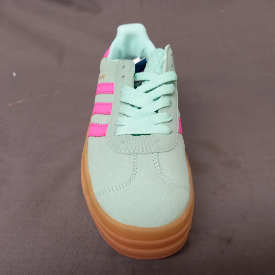 BOXED PAIR OF ADIDAS GAZELLE BOLD SHOES IN GREEN/PINK UK SIZE 5