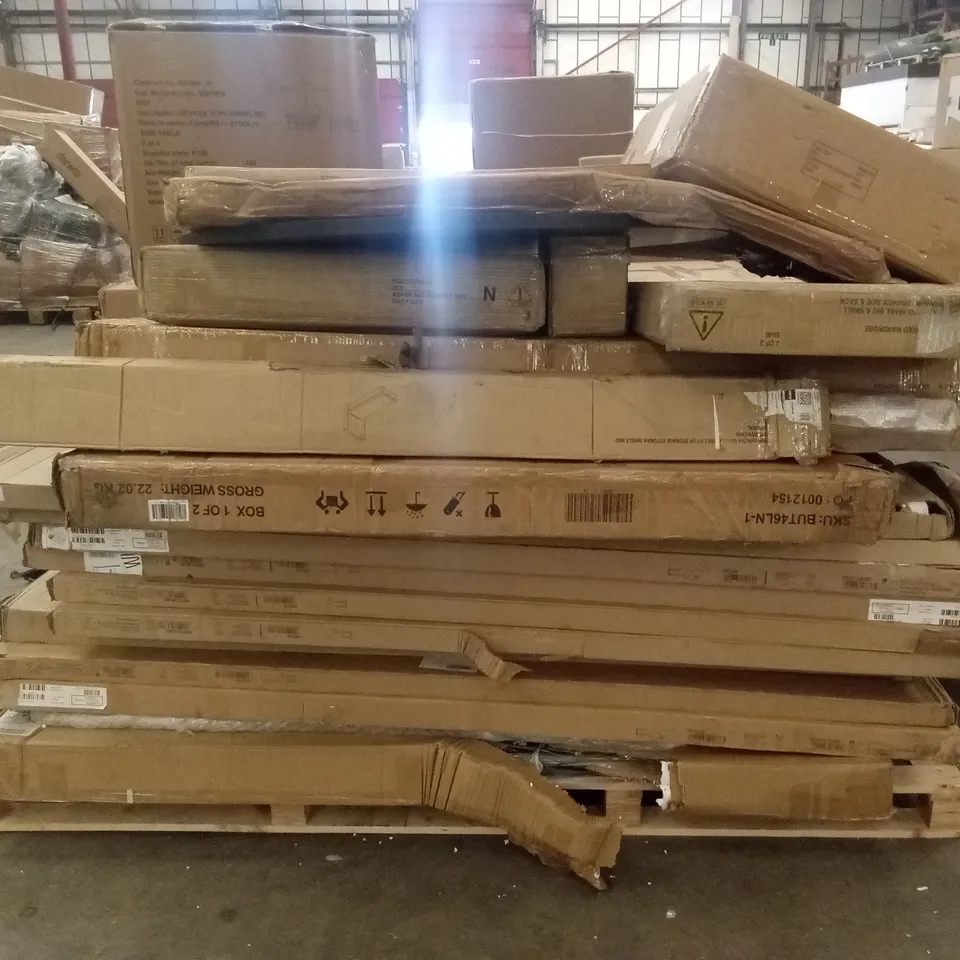 PALLET OF ASSORTED DESIGNER INCOMPLETE FURNITURE PARTS AND PIECES 
