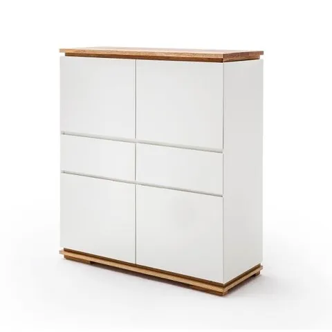 BRAND NEW BOXED EVERLY HIGHBOARD IN MATT WHITE LACQUERED AND OAK WITH 4 DOORS (3 BOXES)