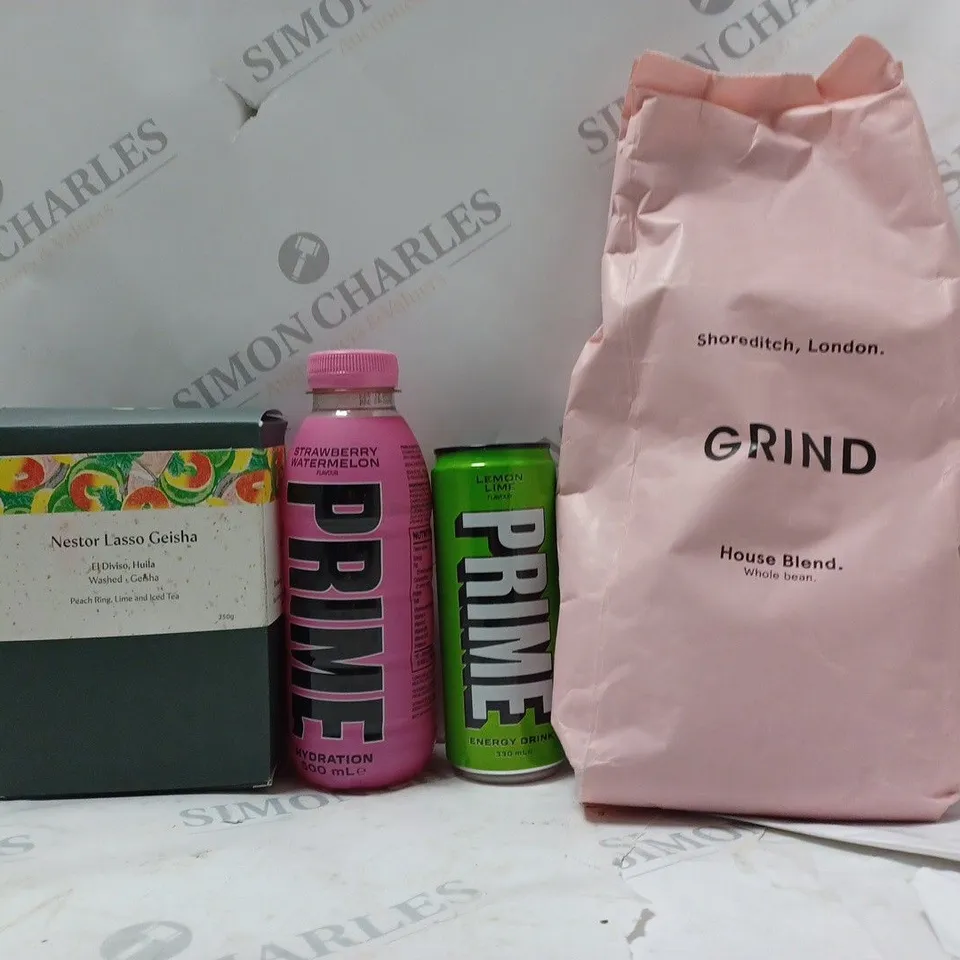 BOX OF APPROX 8 ASSORTED FOOD ITEMS TO INCLUDE - GRIND HOUSE BLEND COFFEE - PRIME LEMON & LIME - STRAWBERRY WATER MELON ECT