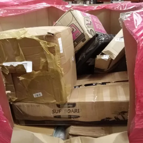 PALLET OF ASSORTED HOUSEHOLD GOODS AND PRODUCTS TO INCLUDE; PADDLE BOARD, BOXED FURNITURE ETC 
