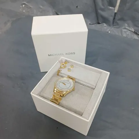 MICHAEL KORS LAURYN THREE-HAND GOLD-TONE STAINLESS STEEL WATCH, EARRINGS AND NECKLACE GIFT SET 