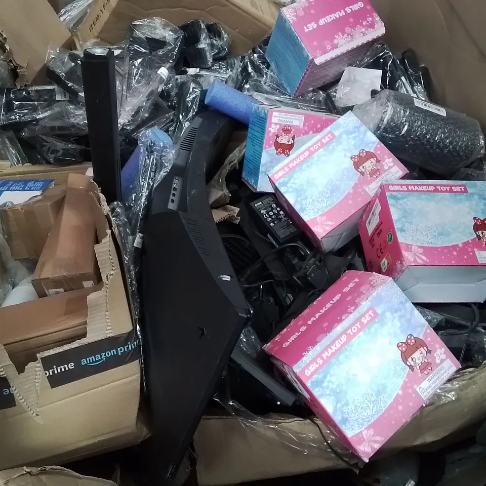 PALLET CONTAINING VARIOUS ASSORTED ITEMS TO INCLUDE, PC MONITOR SCREENS, CHARGING CABLES, MAKEUP SETS ECT.