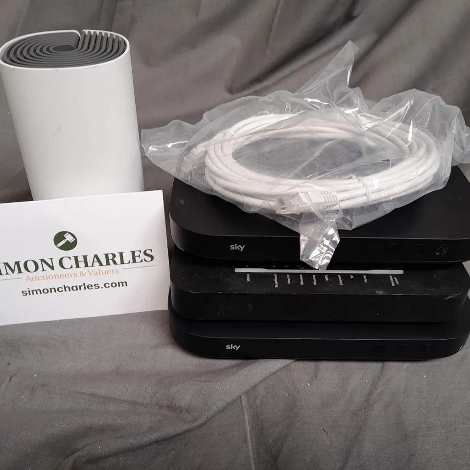 BOX OF ASSORTED HOUSE HOLD ITEMS TO INCLUDE CABLES , INTERNET BOXES