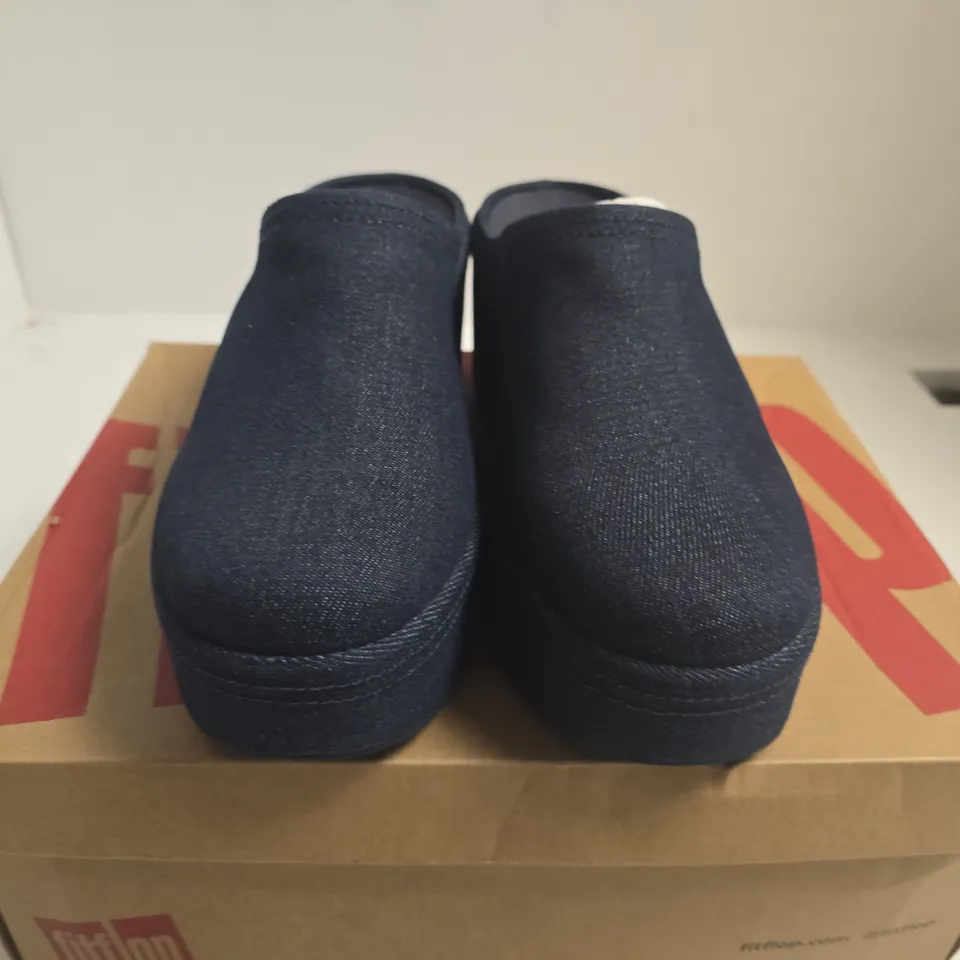 BOXED PAIR OF FITFLOP PLATFORM DENIM HEELED MULES - DARK DENIM, UK7