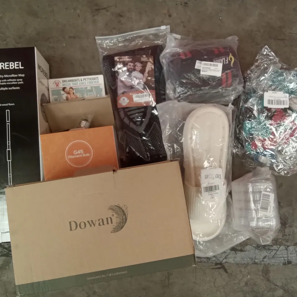 PALLET OF ASSORTED ITEMS INCLUDING 2IN1 WET DRY MICROFIBER MOP, FILAMENT BULB, PROFESSIONAL KNEE WRAPS, SLIPPERS, BIRTHDAY PARTY DECOR, DOWAN CERAMIC MIXING BOWL 