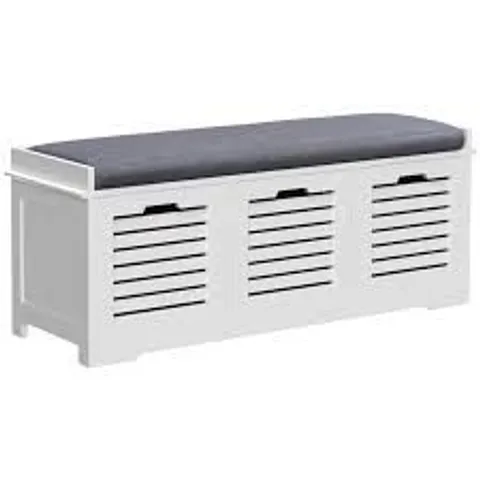 BOXED WHITE STORAGE BENCH WITH 3 DRAWERS & REMOVABLE SEAT CUSHION, SHOE CABINET SHOE BENCH (1 BOX)