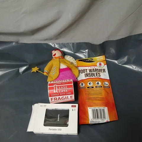 APPROXIMATELY 12 ASSORTED PRODUCTS TO INCLUDE FOOT WARMER INSOLES, FAIRY GODMOTHER TOY, FRAGILE TAPE, PORTABLE SSD ETC