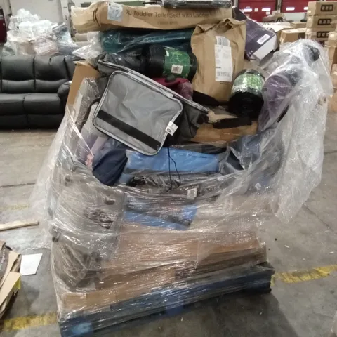 PALLET OF ASSORTED HOUSEHOLD GOODS AND PRODUCTS TO INCLUDE; COAT HANGERS, YOGA MATS, TRAVEL CABIN BAGS ETC