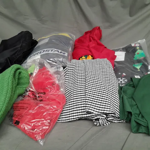 BOX OF ASSORTED CLOTHING ITEMS IN VARIOUS COLOURS, SIZES AND STYLES