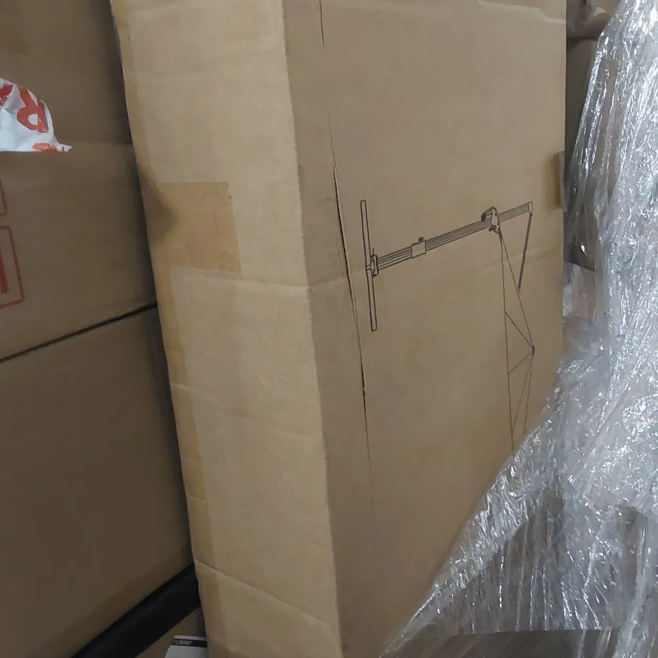 PALLET OF ASSORTED ITEMS INCLUDING: OFFICE CHAIR, PATIO UMBRELLA, CHEST OF DRAWERS ECT