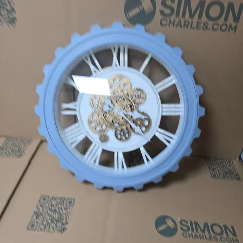 BLISS & BEYOND BLUE GEAR WALL CLOCK WITH ROMAN NUMERALS