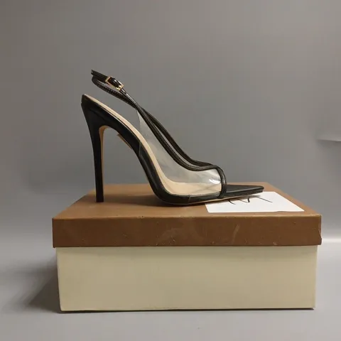BOXED PAIR OF PRETTY LITTLE THING HEELED ANKLE SANDALS UK SIZE 6 