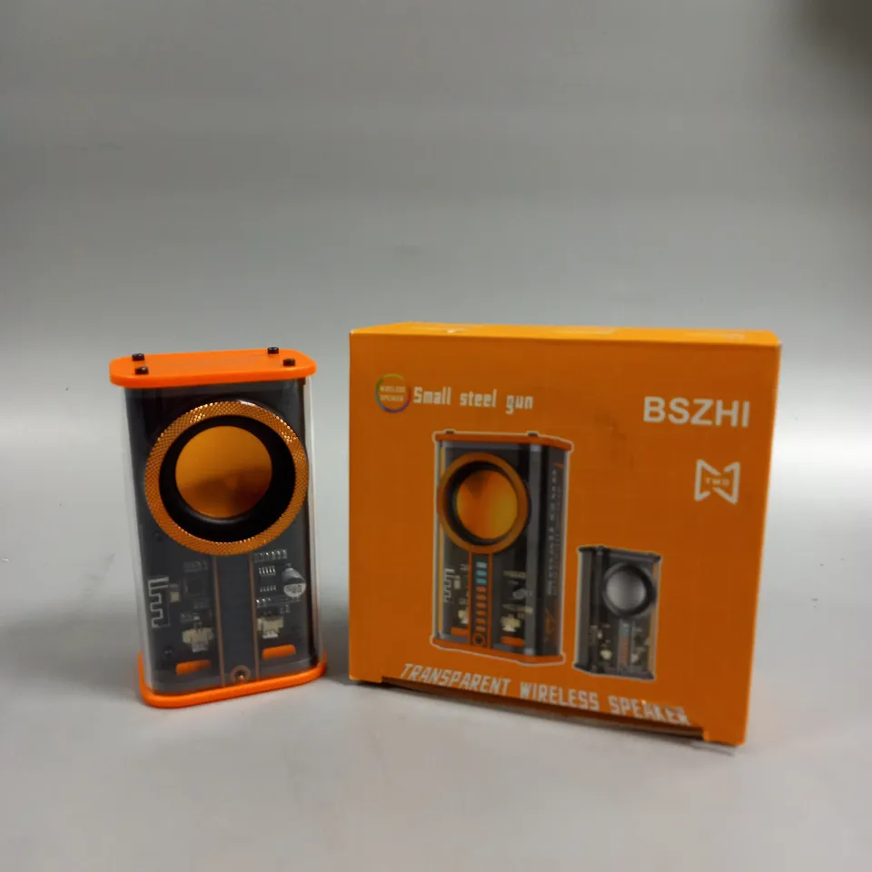 BOXED SMALL STEEL GUN TRANSPARENT WIRELESS SPEAKER 