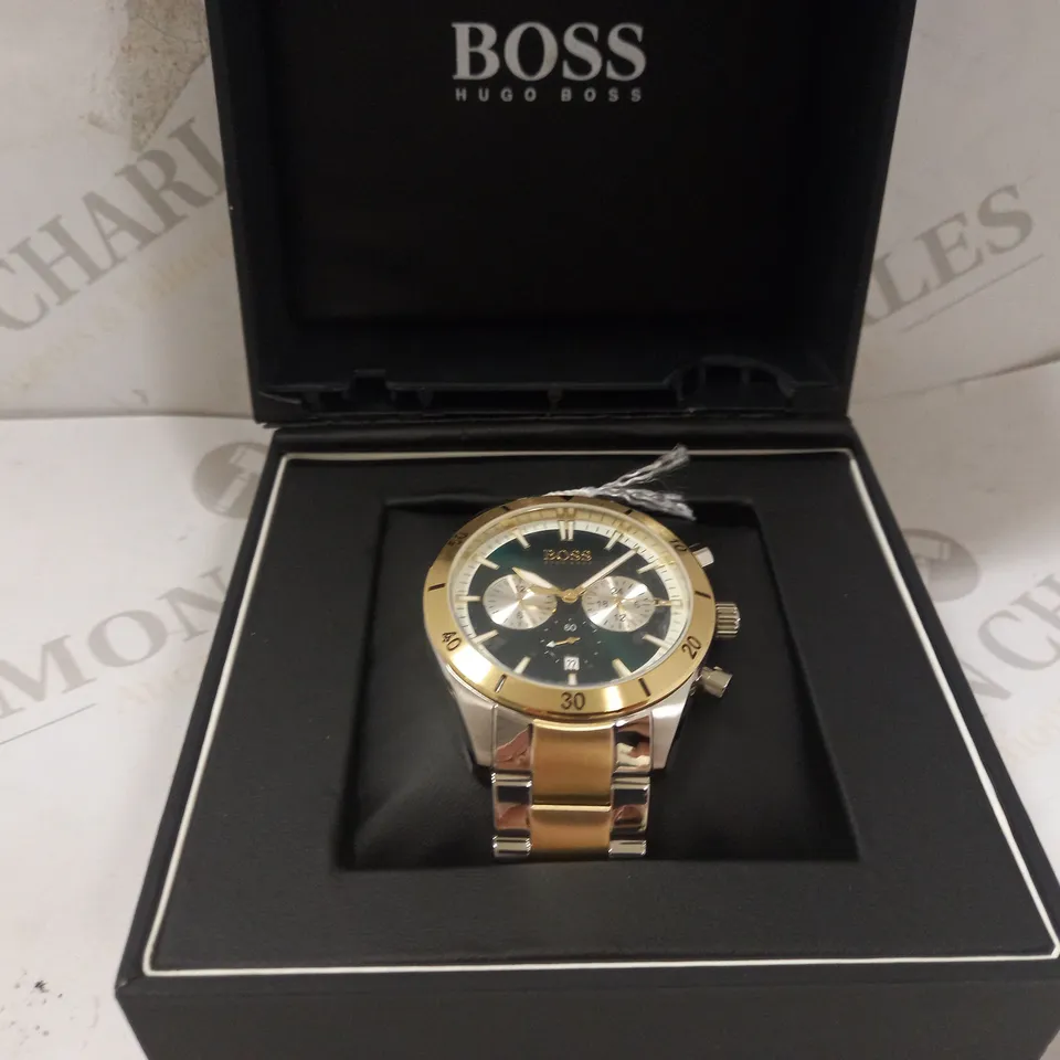 HUGO BOSS SANTIAGO GREEN MULTI DIAL STAINLESS STEEL WITH GOLD TONE LINK BRACELET WATCH RRP £329