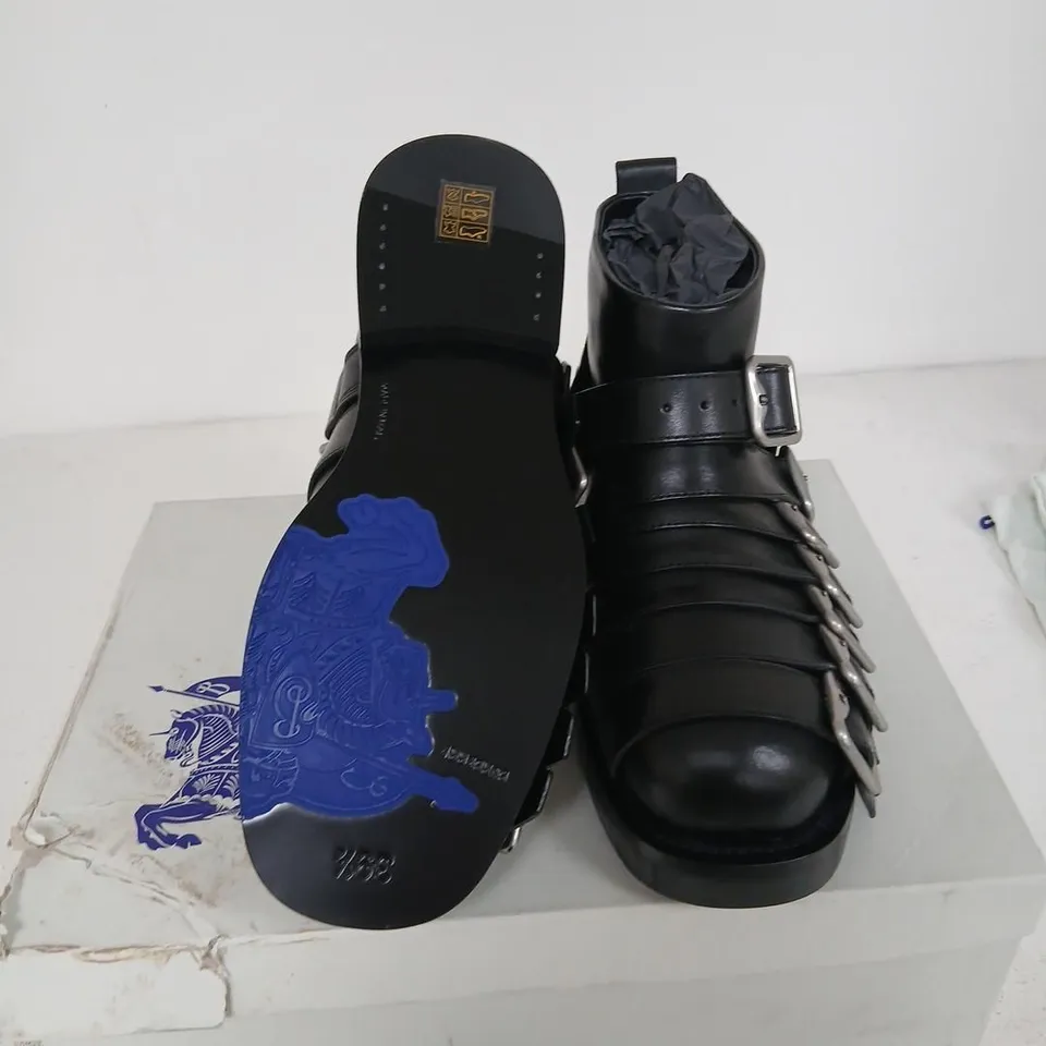 BURBERRY LEATHER BOOTS, UK 6.5 (EU 39.5), BLACK, BUCKLED ANKLE BOOTS