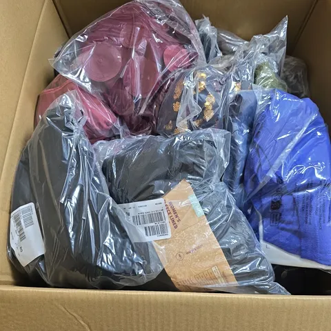 BOX OF APPROXIMATELY 15 ASSORTED CLOTHING ITEMS IN VARIOUS STYLES , COLOURS AND SIZES