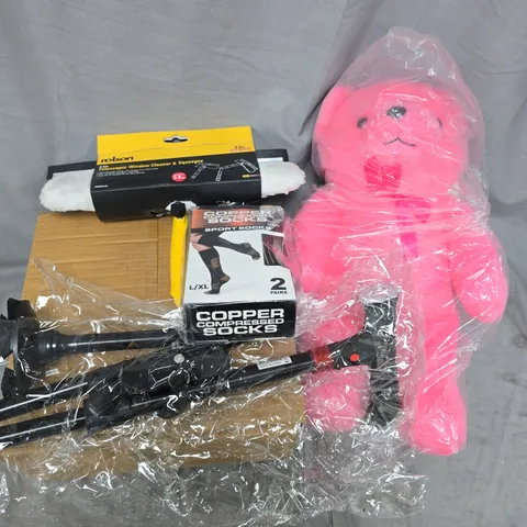 APPROXIMATELY 10 ASSORTED ITEMS TO INCLUDE SPORT SOCKS, WINDOW CLEANER, TEDDY BEAR PINK, ETC