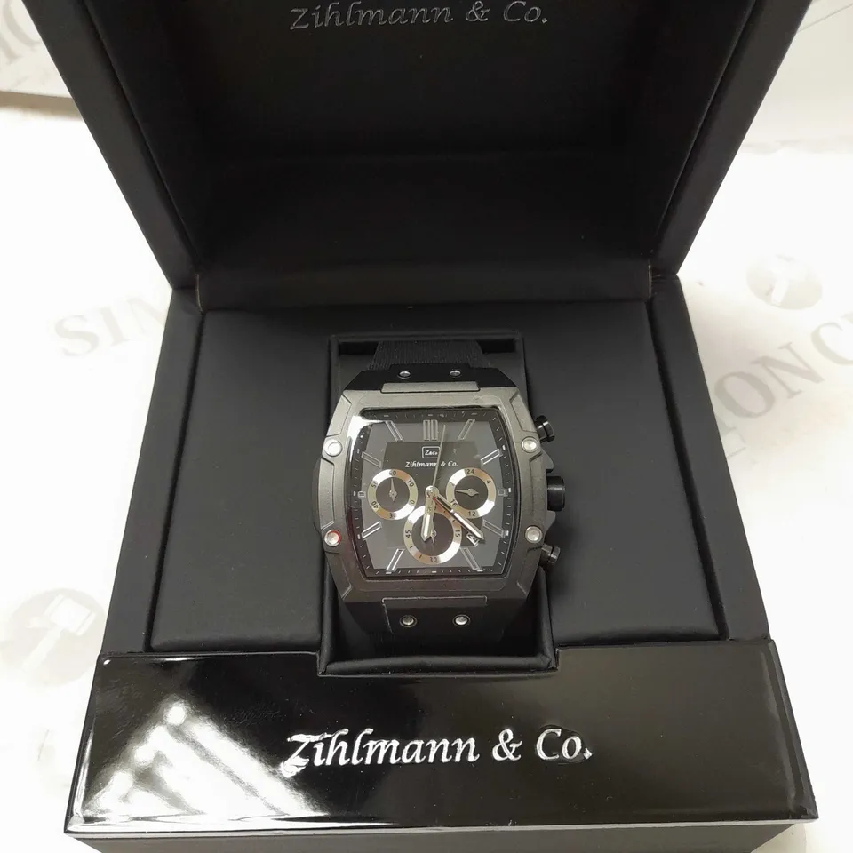 ZIHLMANN & CO BLACK TRIPLE DIAL STUD RUBBER STRAP WATCH