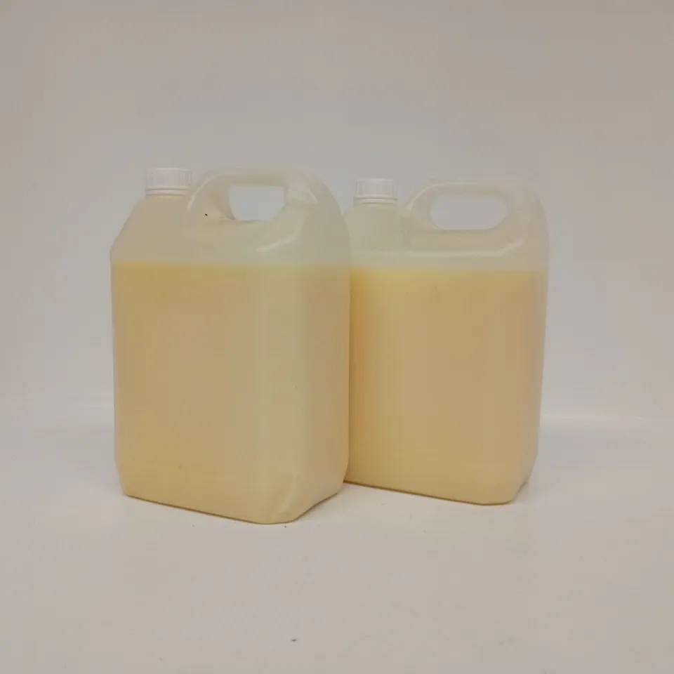 SET OF TWO LARGE TRANSLUCENT PLASTIC JERRY CANS WITH PALE YELLOW CLEANING LIQUID, NO BRANDING OR LABELS