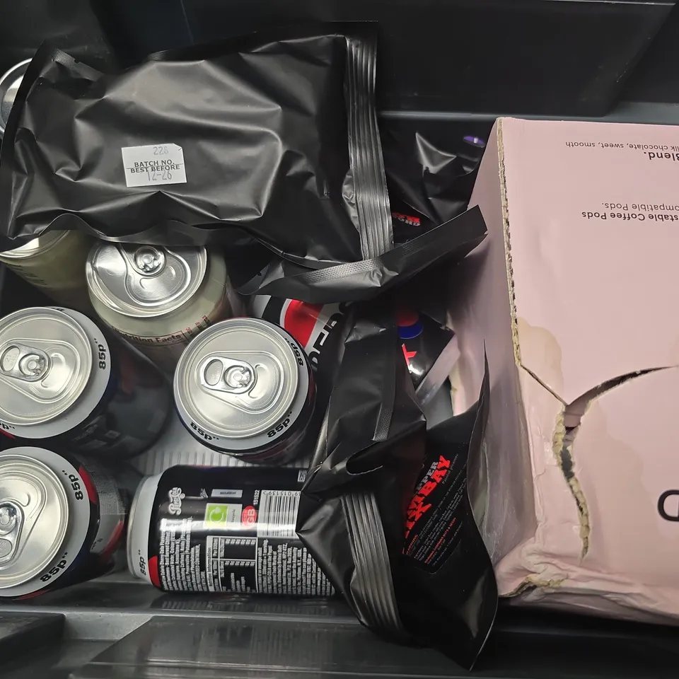 APPROXIMATELY 12 ASSORTED FOOD & DRINK ITEMS TO INCLUDE - CADBURYS CHOCOLATE BAR , SHADES BY NIKO STRAIGHT UP STRAWBERRY , PEPSI MAX CHERRY ETC
