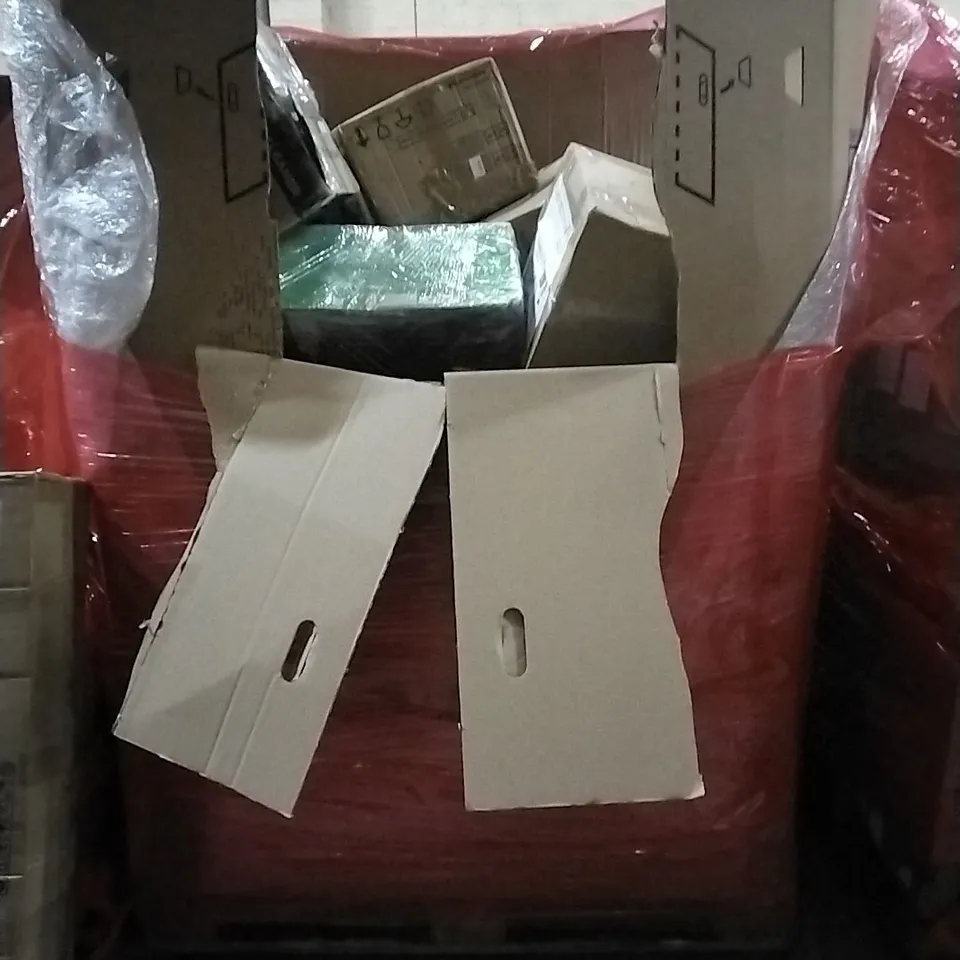 PALLET OF HOUSEHOLD ITEMS TO INCLUDE HYDROCLEANER WATER BRUSH, PORTABLE FAN HEATER,,INTELLIGENT EYE CARING DESK LAMP, KEYBOARD AND OTHER ASSORTED ITEMS...