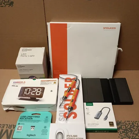 APPROXIMATELY 10 ASSORTED ITEMS TO INCLUDE PULSE STIMULATION , USB RECEIVER AND PARTY LED 