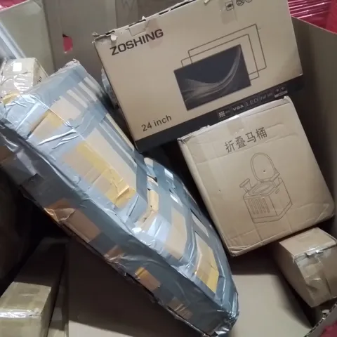 PALLET CONTAINING VARIOUS ASSORTED BOXED HOUSEHOLD ITEMS TO INCLUDE: PC MONITOR, PORTABLE TOILET, SHPPOING TROLLEY AND LOTS MORE UNMARKED BOXED ITEMS 