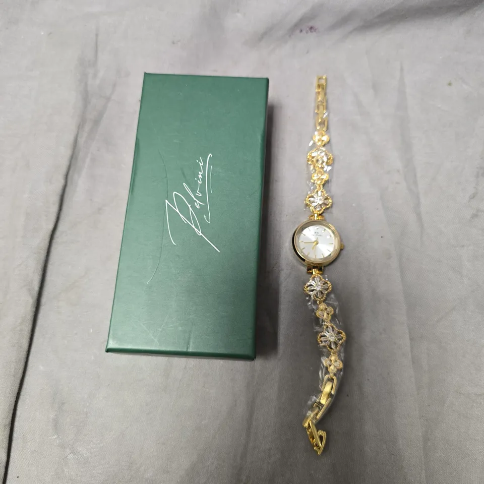 BEE SISTER GOLD-TONE WRISTWATCH WITH FLORAL LINK BRACELET – BOXED, STAINLESS STEEL