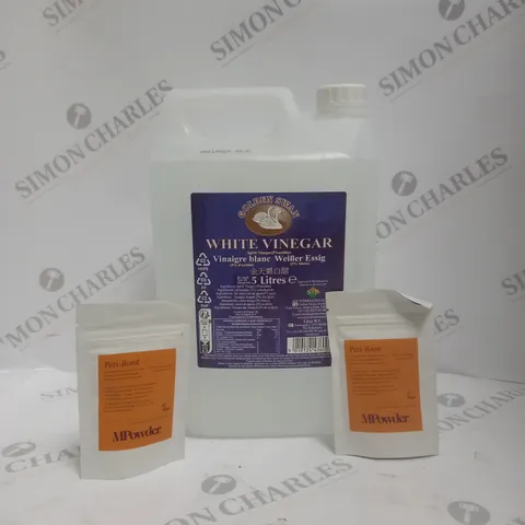 BOX OF APPROX 30 ASSORTED FOOD ITEMS TO INCLUDE - WHITE VINEGAR 5L - MPOWDER PERI-BOOST