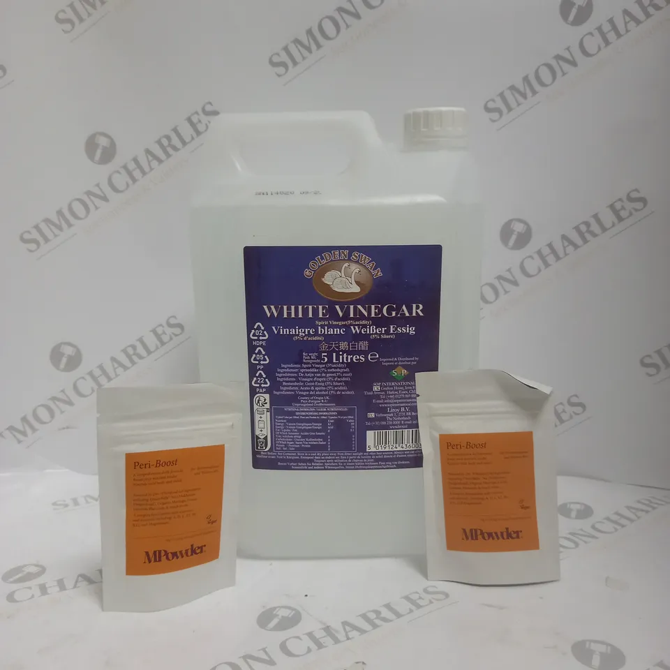 BOX OF APPROX 30 ASSORTED FOOD ITEMS TO INCLUDE - WHITE VINEGAR 5L - MPOWDER PERI-BOOST 