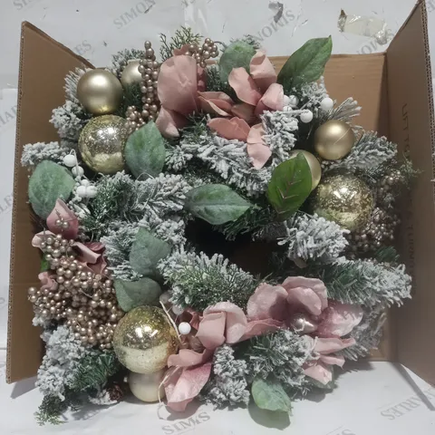FROSTED ROSE PRE-LIT FESTIVE WREATH 