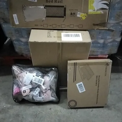 PALLET OF HOUSEHOLD ITEMS TO INCLUDE SKATES, PORTABLE WOODEN SLANT BOARD, LED CHANDELIER, BED RAIL AND OTHER ASSORTED ITEMS...