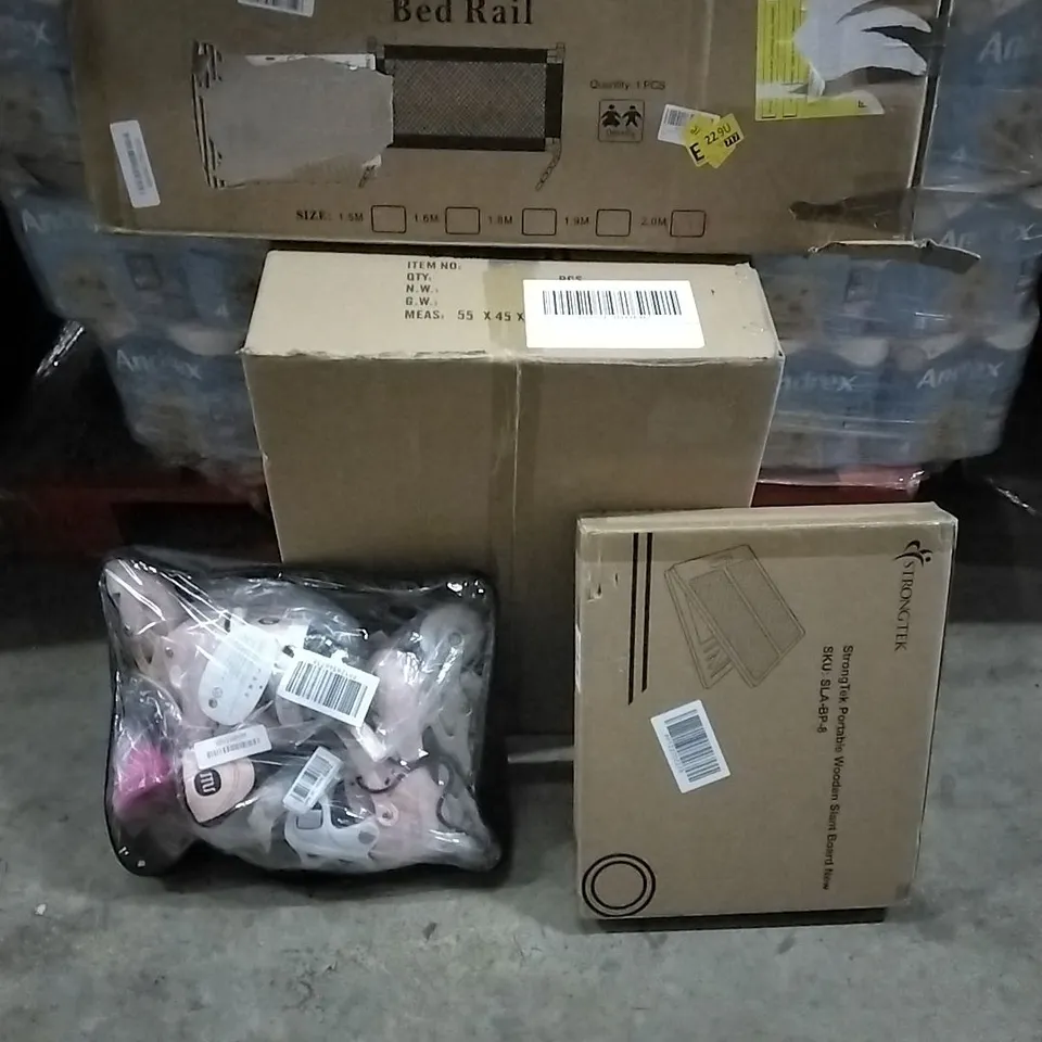 PALLET OF HOUSEHOLD ITEMS TO INCLUDE SKATES, PORTABLE WOODEN SLANT BOARD, LED CHANDELIER, BED RAIL AND OTHER ASSORTED ITEMS...