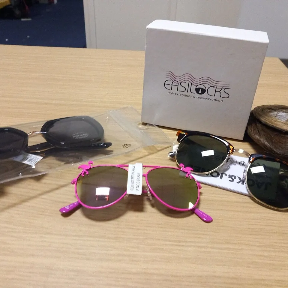 APPROXIMATELY 13 ASSORTED PRODUCTS TO INCLUDE; CLIP IN FRINGE, GIRLS FLAMINGO SUNGLASSES, GORLS MIRRORED LENSE RAINBOW HAERAT SUNNGLASSES AND JACK AND JJONES RYDER SUNGLASSES