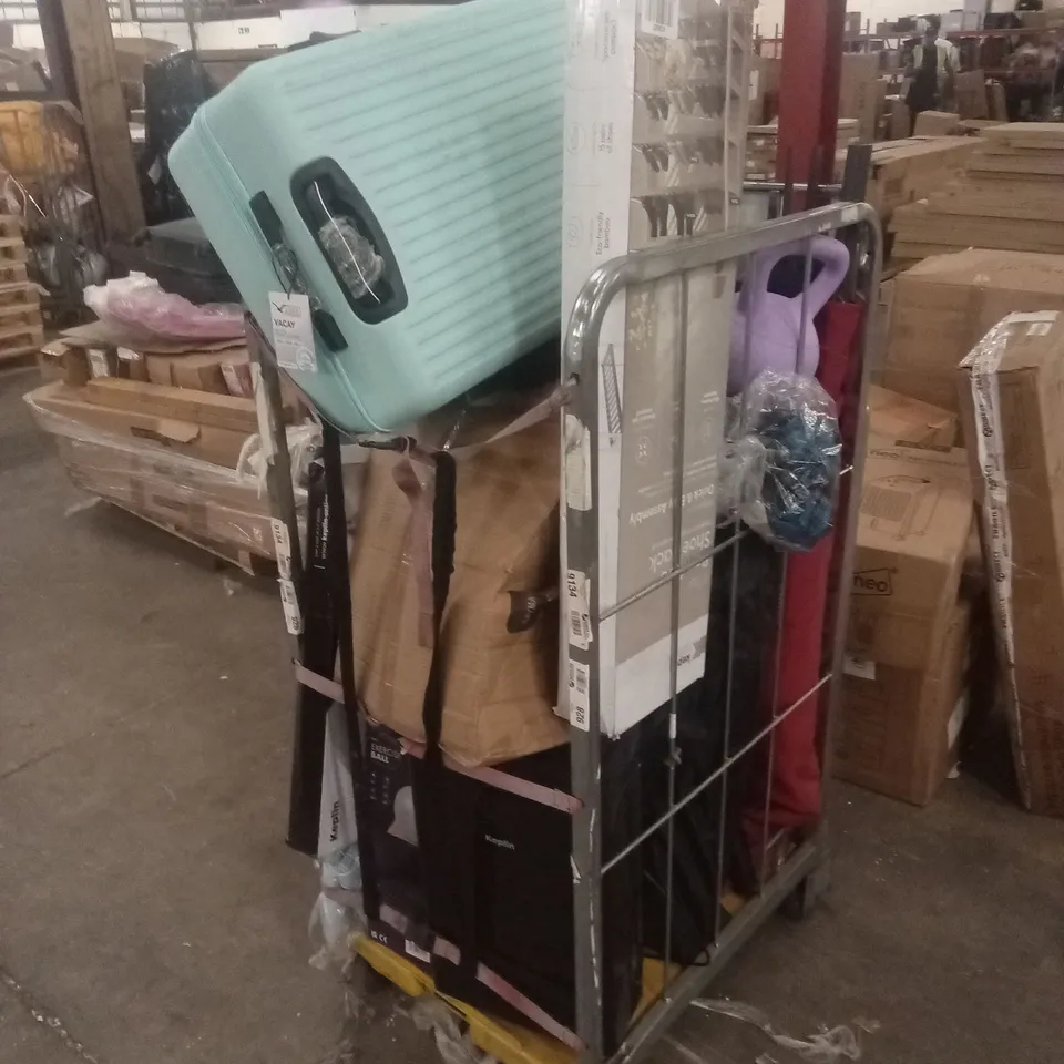 CAGE OF ASSORTED HOUSEHOLD GOODS AND PRODUCTS TO INCLUDE; SUITCASE, CARRY ON BAG, EXERCISE BALL, SHOE RACK ETC