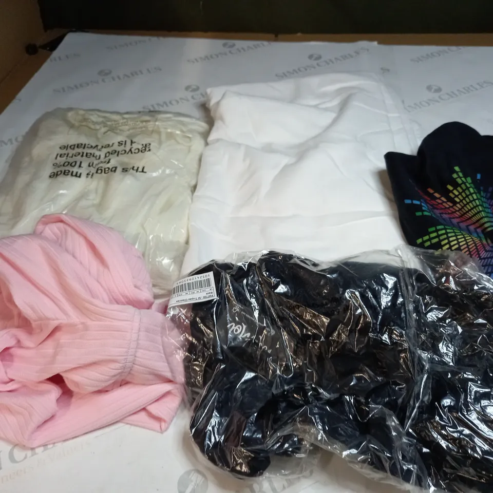  BOX OF ASSORTED CLOTHING ITEMS TOO INCLUDE DRESSES , SHIRTS AND TROUSERS IN VARIOUS SIZES AND COLOURS   