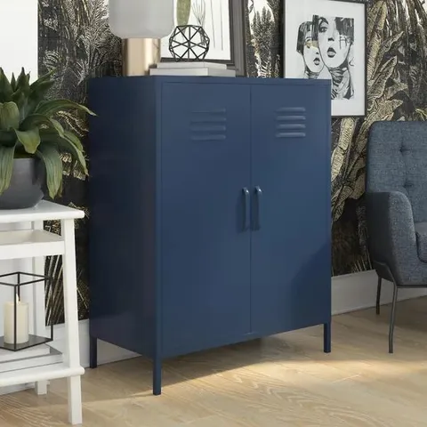 BOXED DOREL HOME BRADFORD 2 DOOR METAL ACCENT CABINET - NAVY (1 BOX)