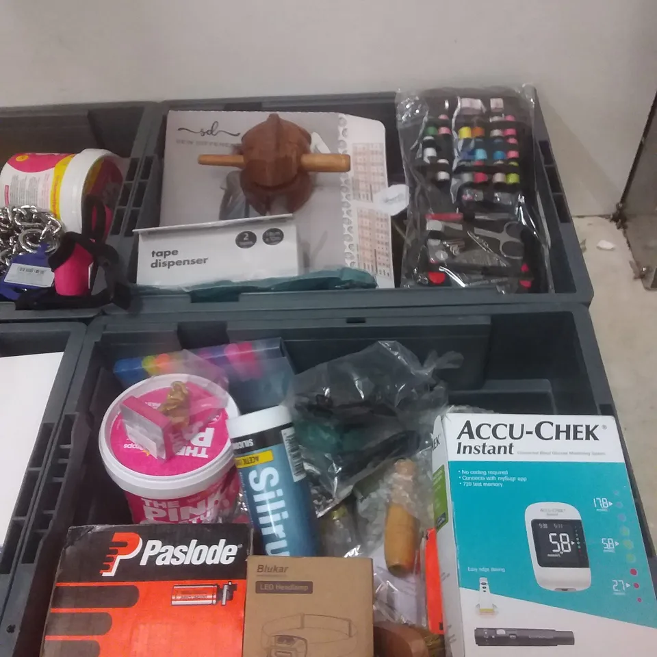 4 TOTES OF ASSORTED ITEMS INCLUDING, DOG WALKING ACCESSORIES, PASLODE NAILS, AIQURA INFARED FOREHEAD MONITOR AND ACCU-CHEK INSTANT GLUCOSE METER 