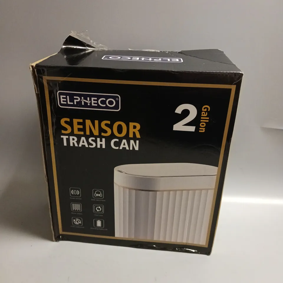 BOXED ELPHECO SENSOR TRASH CAN IN WHITE AND GOLD 2 GALLON