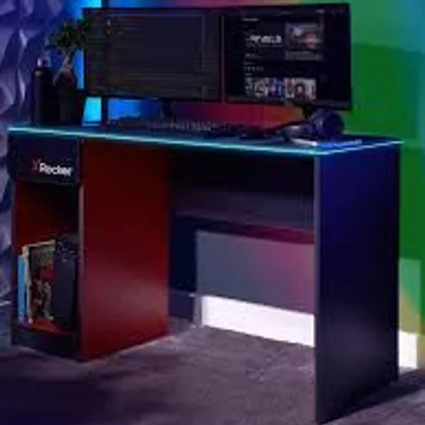 BOXED X ROCKER CARBON-TEK GAMING DESK WITH WIRELESS CHARGING AND NEO FIBRE LED LIGHTING (1 BOX)