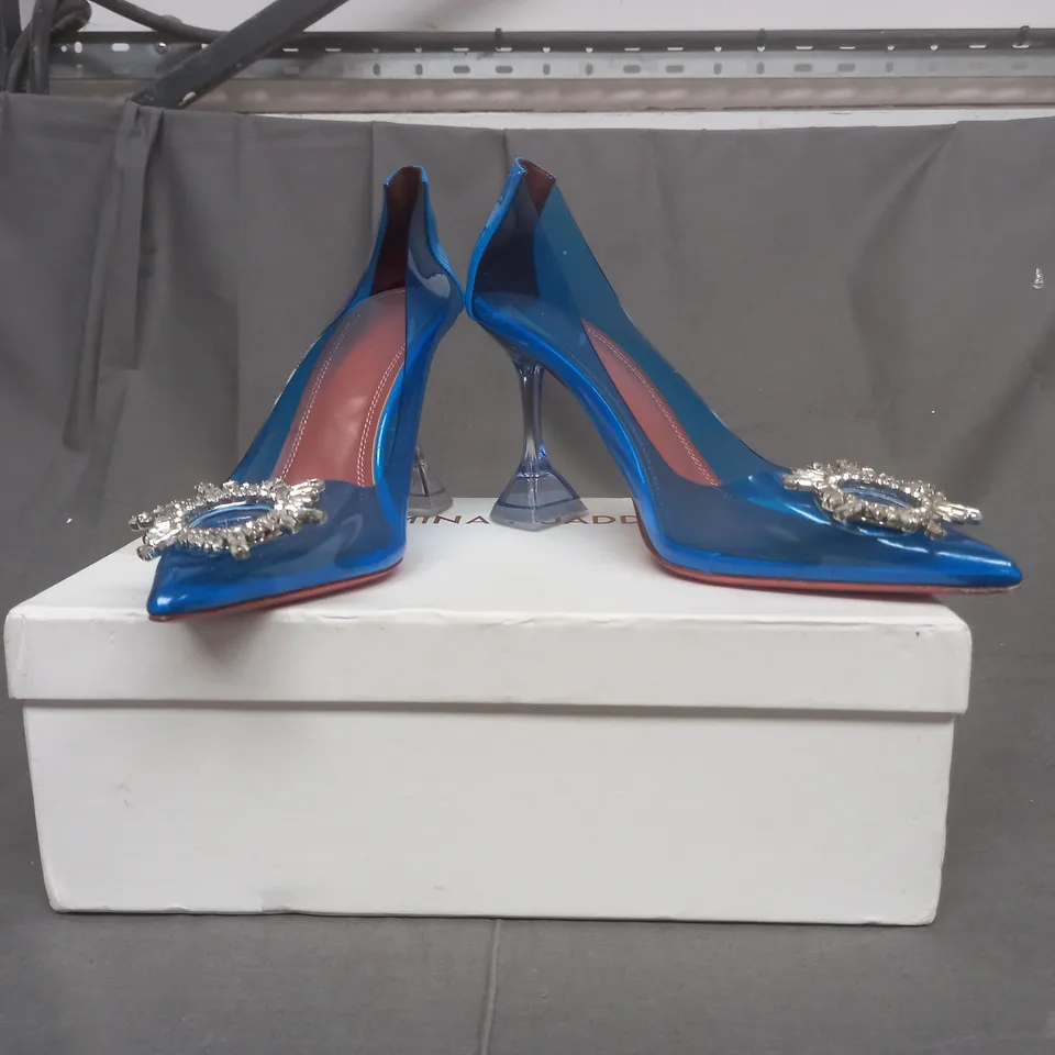 BOXED PAIR OF AMINA MUADDI HIGH HEELED SHOES IN BRIGHT BLUE EU SIZE 40