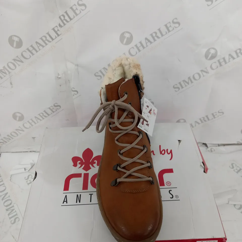 BOXED PAIR OF RIEKER LACE UP ANKLE BOOTS - TAN - UK SIZE 7.5