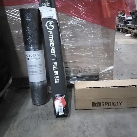 PALLET OF ASSORTED HOUSEHOLD GOODS AND PRODUCTS TO INCLUDE;PULL UP BAR,FLOATING SHELVES,CHAIR MAT