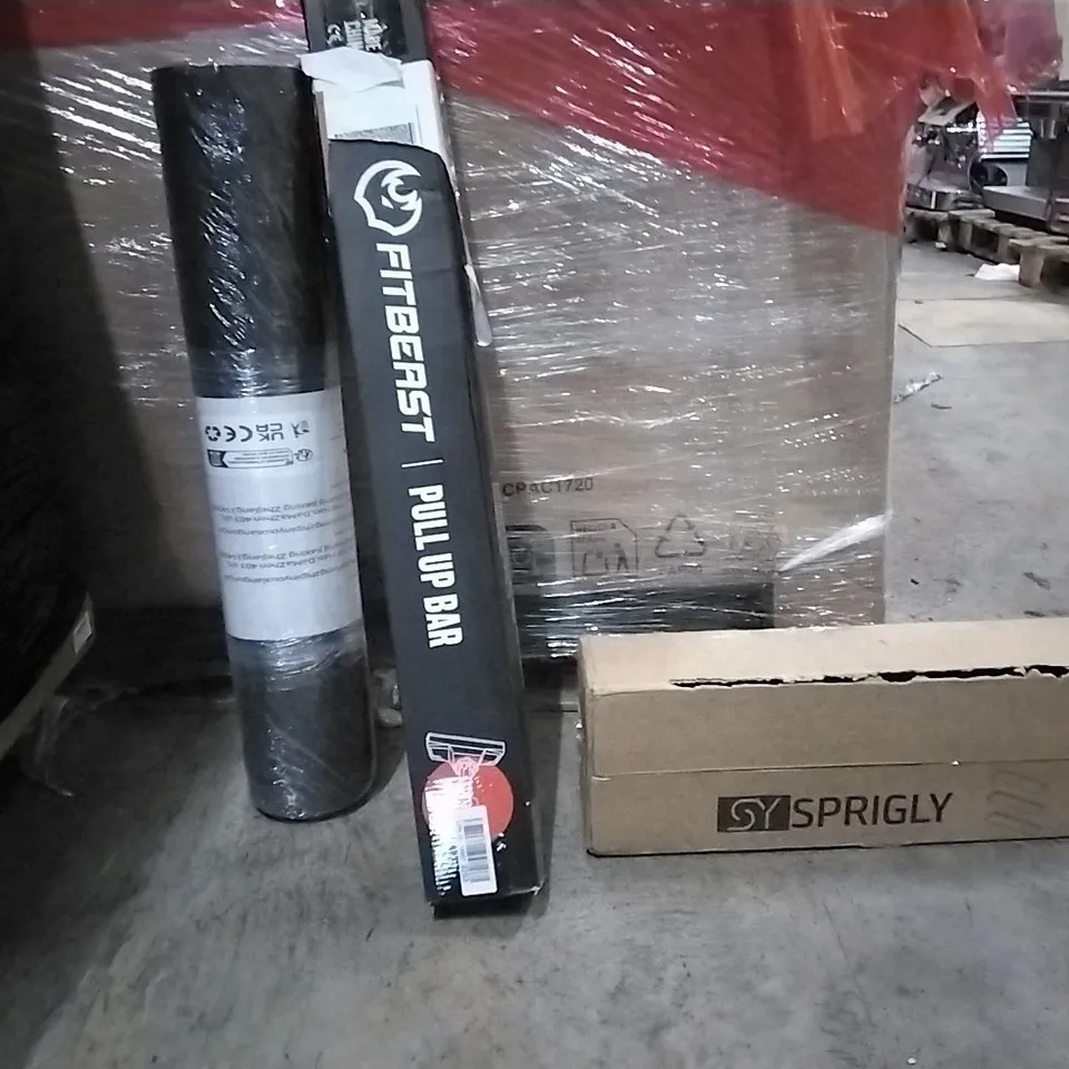 PALLET OF ASSORTED HOUSEHOLD GOODS AND PRODUCTS TO INCLUDE;PULL UP BAR,FLOATING SHELVES,CHAIR MAT